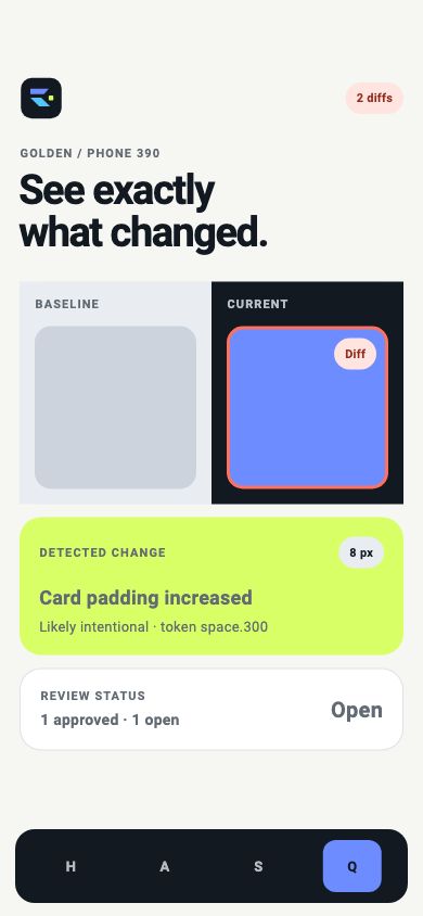 Visual QA screen comparing baseline and current Flutter renders