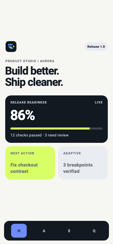 Flutter Product Studio workspace showing release readiness and next quality action